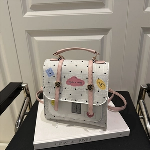 Women Mini Backpack PU Leather Polka Dot Pattern Cartoon Patches Small Fashion Square School Bag For Girls Daily Casual Travel Backpack