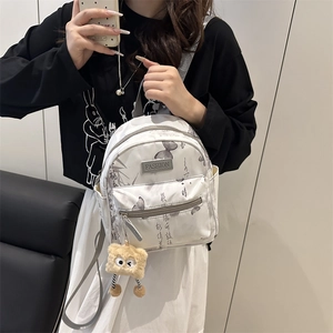 Mini white waterproof nylon backpack with ink-wash butterfly print and bear charm