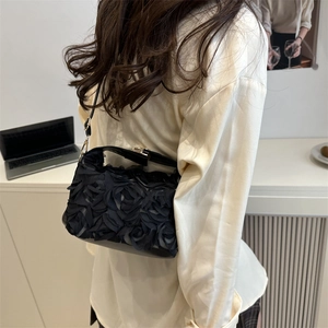 Fashionable 3D black rose flower handbag for women with elegant mesh texture and top handle