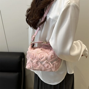 Pink crossbody bag with 3D floral roses and adjustable strap for women fashion