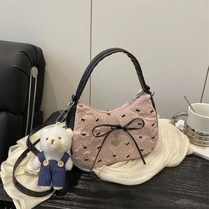 Pleated Fabric Synthetic Leather Bowknot Crossbody Bag For Women Cute Bear Charm Heart Pendant Contrast Color Shoulder Bag