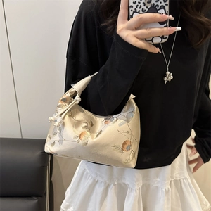 New Chinese style satin hobo bag featuring persimmon embroidery and beaded handle