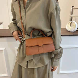Minimalist caramel brown square crossbody handbag with top handle for women's spring style
