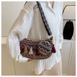 Detail of bohemian crossbody bag with colorful geometric patterns and fringe tassels