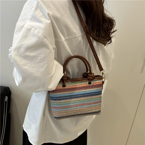 Women casual multi-color striped woven handbag with brown leather handles and strap