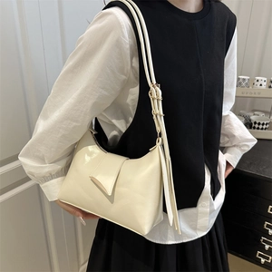 Chic cream white glossy underarm shoulder bag with adjustable strap for women