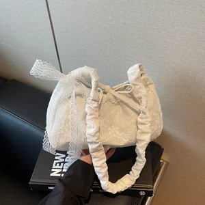 Korean Style Soft Lace Floral Embroidery Shoulder Bag Sweet Bow Ruffled Strap Fabric Tote Bag For Women Students Daily