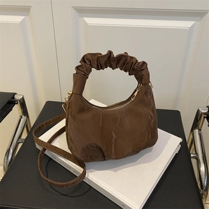 Women PU Leather Cloud Hobo Bag Pleated Handle Marble Texture Crossbody Handbag Detachable Shoulder Strap French Style