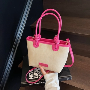 Mode Femmes Sac Seau Tissé Garniture en Cuir PU Grande Capacité Sac à Bandoulière Tendance Été Plage Sac à Main Tote