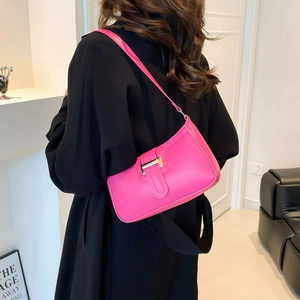 French style vibrant fuchsia shoulder bag with gold metal H-buckle and sleek strap