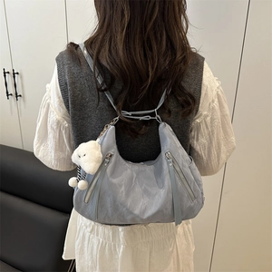 Women Large Capacity Crinkled Hobo Bag Fashion Versatile Single Shoulder Crossbody Backpack With Plush Cloud Pendant Tote