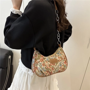 Vintage floral embroidery tote bag with brown leather trim and chain shoulder strap