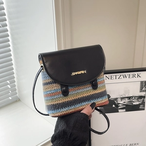 Women Rainbow Straw Woven Crossbody Bag Summer Beach Vacation PU Leather Flap Small Bucket Bag Casual Striped Shoulder Bag