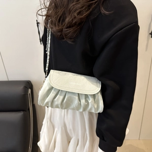 Fashion mint green ruched cloud bag with silver chain strap for women outfit