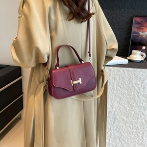 French vintage wine red leather crossbody bag with lychee texture and gold lock hardware