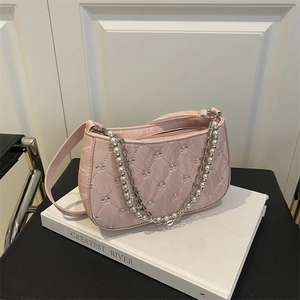 Women Quilted Baguette Bag Artificial Pearl Metal Chain Bow Embroidery PU Leather Underarm Shoulder Bag Fashion Casual Y2K Handbag