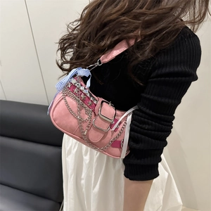 Pink Y2K shoulder bag with silver chains, star rivets and plaid bow accessory