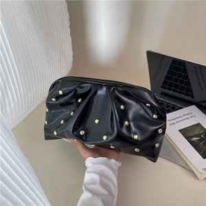 PU Leather Pleated Rivet Cloud Clutch Bag Magnetic Clasp Square Evening Handbag Women Stylish Daily Versatile Purse