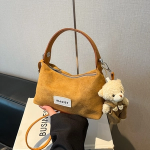 Korean Style Women Denim Suede Patchwork Crossbody Bag Crescent Dumpling Shoulder Bag With Plush Bear Pendant Retro Bag