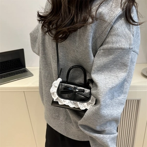 Cute black mini handbag with white lace embroidery and bow for girls and women