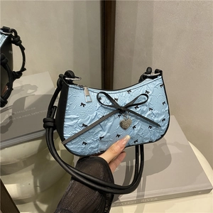 Sweet Pleated PU Leather Underarm Bag For Women With Bow Print Heart Pendant Shoulder Crossbody Bag Fashion Hobo Handbag