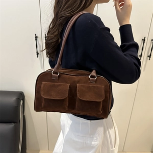 Retro brown faux suede rectangle shoulder bag with dual front flap pockets for women