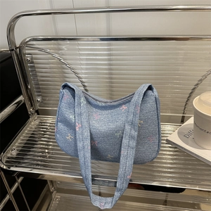 Women Denim Bowknot Embroidered Shoulder Bag Vintage Chic Washed Denim Underarm Bag Stylish Casual Zipper Handbag For Daily Use