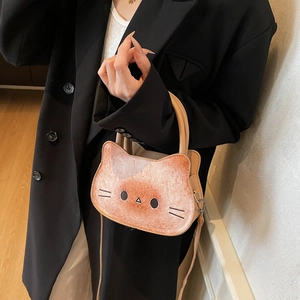 Creative toast-style kitten crossbody bag in cream and orange faux leather for women