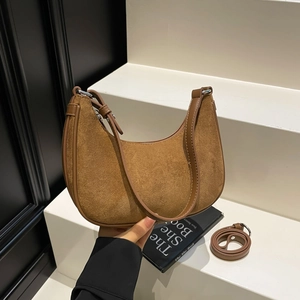Vintage Suede PU Patchwork Crescent Moon Underarm Bag For Women Solid Color Retro Hobo Crossbody Bag With Adjustable Strap