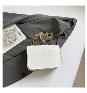 Detail shot of the white crocodile texture leather surface with elegant gold chain strap