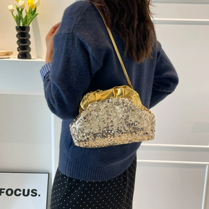 Sac nuage à paillettes dorées avec bandoulière chaîne et fermeture plissée pour femme