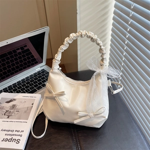 Korean Style Women PU Leather Ruched Handle Crossbody Bag With Bow Lace Decoration Sweet Cloud Shoulder Bag Daily Purse