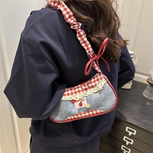 Cute denim tote with red plaid, lace trim, and cherry patch for casual sweet style