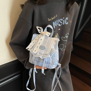 Mini blue plaid ruffles backpack with lace bow and drawstring for casual travel