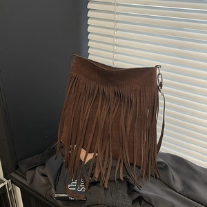 Women Vintage Bohemian Fringe Crossbody Bag Small Suede Style Tassel Shoulder Bag Retro Solid Color Everyday Handbag For Women