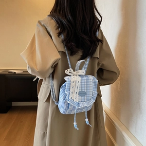Chic blue plaid mini backpack with white lace bow and fashion badge for women