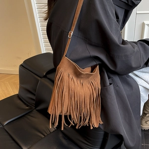 Bohemian brown suede fringe shoulder bag for women with vintage long tassels and adjustable strap