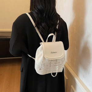 Minimalist beige backpack for women with metal chain and cute cat illustration print