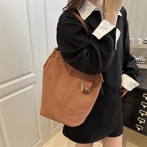 Minimalist vintage brown suede tote bag for women with large capacity and shoulder strap