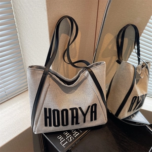 Women Casual Large Capacity Canvas Tote Bag Hoorya Letter Print Shoulder Bag Contrast Color Commute Student School Bag