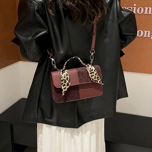 Retro color-block crossbody bag in burgundy leather with leopard print silk scarf handle