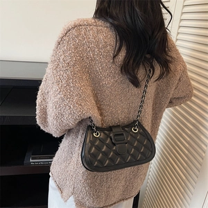 Quilted black chain shoulder bag for women with gold square buckle and leather finish