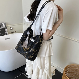New Chinese style black tote bag with gold butterfly embroidery and gray tassel