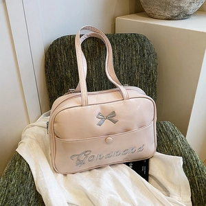 Borsa a Tracolla Donna in Pelle PU Lucida Grande Capacità Con Fiocco e Ricamo Lettere Tote Bag Minimalista Urbana Borsa Moda Quotidiana