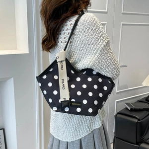 Large capacity black tote bag with white polka dots and stylish ribbon shoulder strap