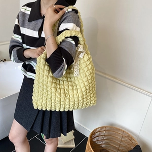 Bright yellow puff bubble tote bag with lace bow decoration for casual daily use
