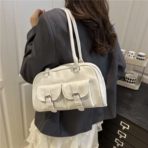 Cream white glossy PU shoulder bag with dual front buckle pockets in a Korean retro style
