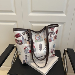 Sac Fourre-tout pour Femme en Cuir PU Imprimé Ville de Dessin Animé Sac à Bandoulière Grande Capacité Sac à Main de Voyage