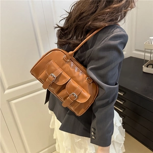 Retro brown PU leather shoulder bag with multi-pocket design and silver buckles