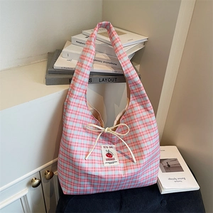 Women Gingham Plaid Canvas Shoulder Bag Cute Tomato Patch Large Capacity Tote Bag For Students Daily Commute Shopping Travel